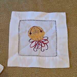 Irish Linen Cocktail Napkins Embroidered Bells Lot of 3 Vintage Autumn Christmas